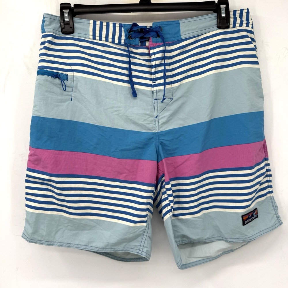 Patagonia Board Shorts Men 36 Blue Striped Wavefarer Recycled Nylon Swim Trunks